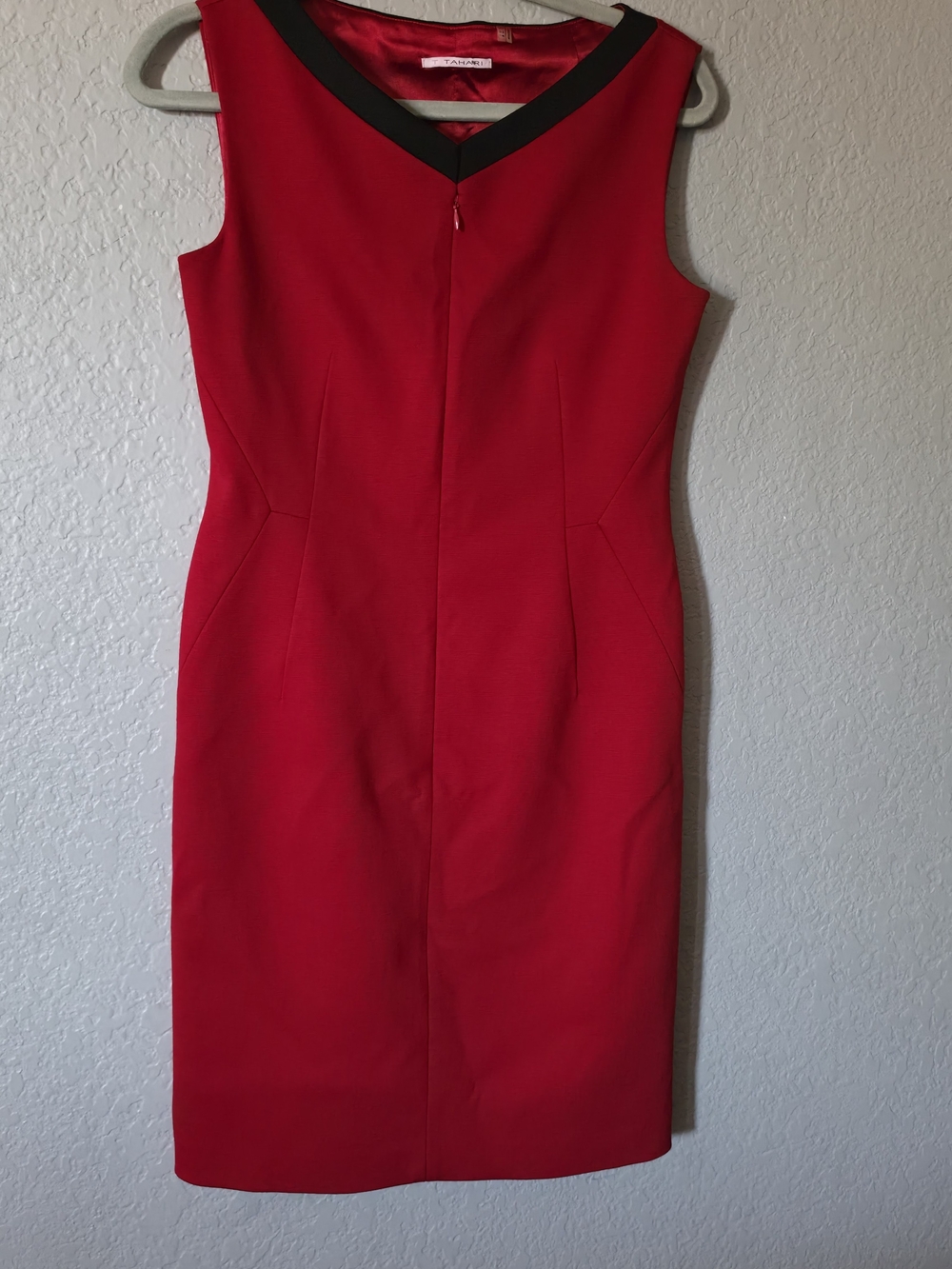 Tahari Red Sheath Dress with Black Neck Trim